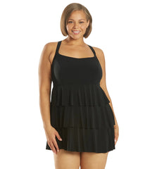 Longitude Plus Size Little Black Dress Triple Tier Swim Dress