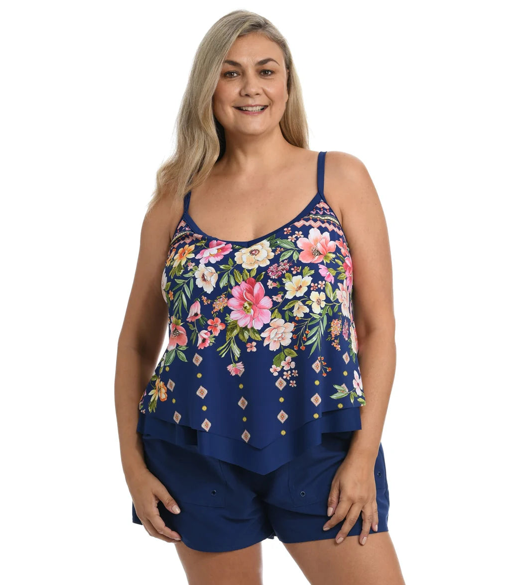 Maxine Women's Plus Size Border Blooms Flutter Tankini Top