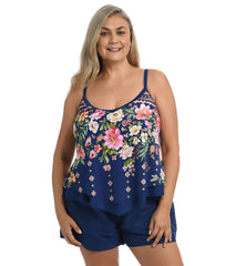 Maxine Women's Plus Size Border Blooms Flutter Tankini Top