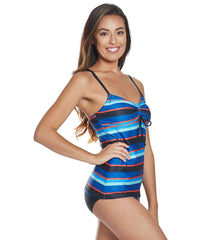 Dolfin Women's Aquashape Blue Multi Stripe Tie Front Swimsuit Top