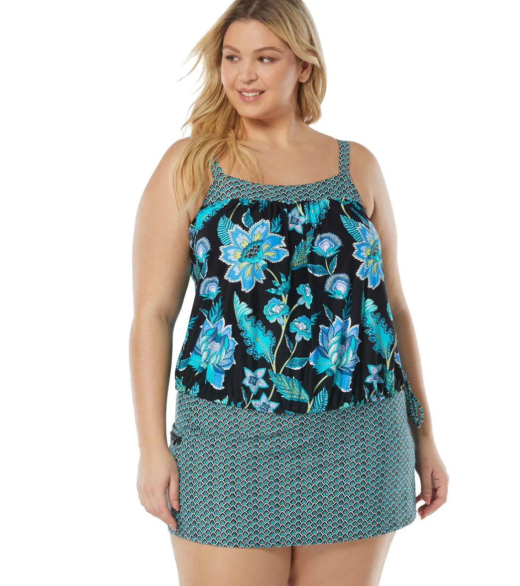 Beach House Women's Plus Size Vineland Floral Audrey Blouson Draw Cord Waist Tankini Top