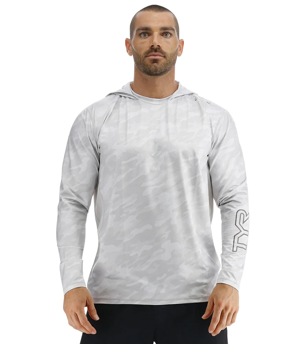 TYR Men's Camohex SunDefense Long Sleeve Hooded UPF 50+ Swim Shirt