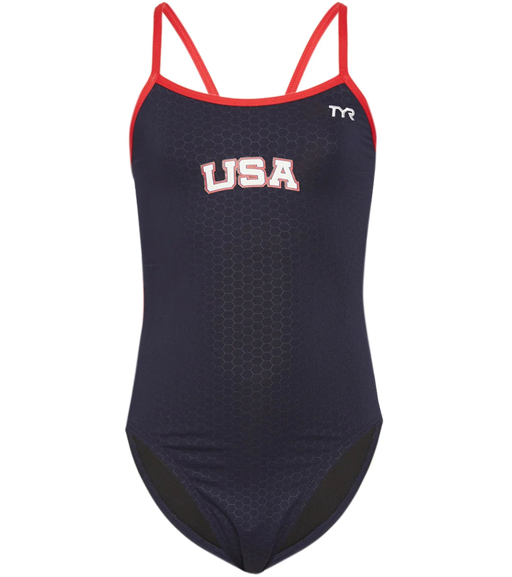 TYR Girls' Hexa Cutoutfit USA One Piece Swimsuit