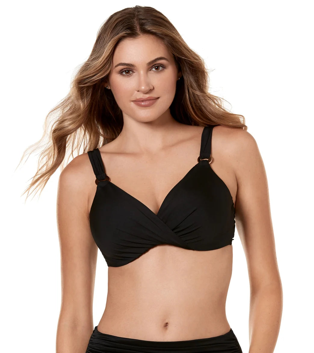 Miraclesuit Women's Solid Black Plunge Bikini Top (D/DD Cup)