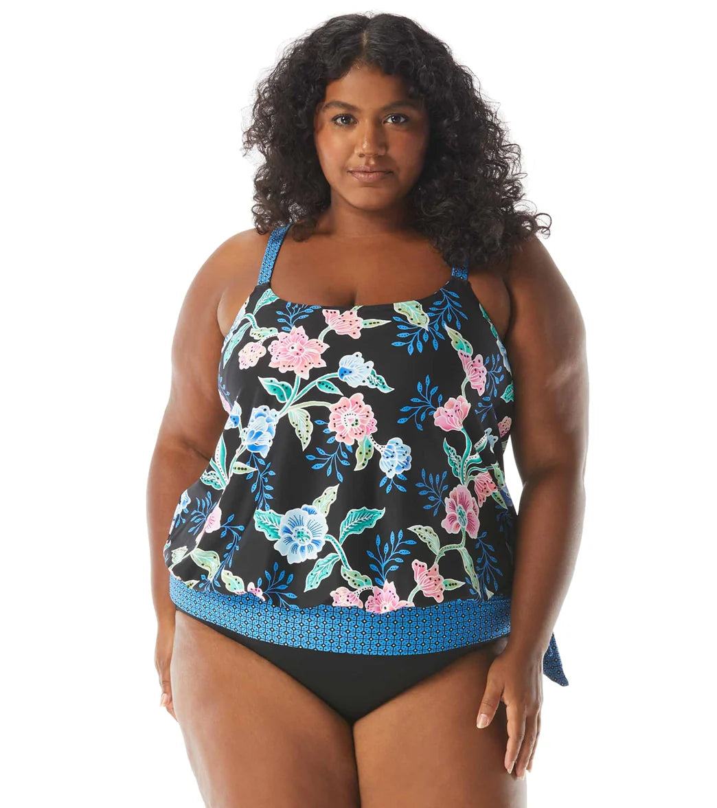 Beach House Women's Plus Size Floral Fantasy Sarah Side Tie Blouson Tankini Top