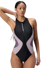 Speedo Women's Colorblock Zip Neck One Piece Swimsuit