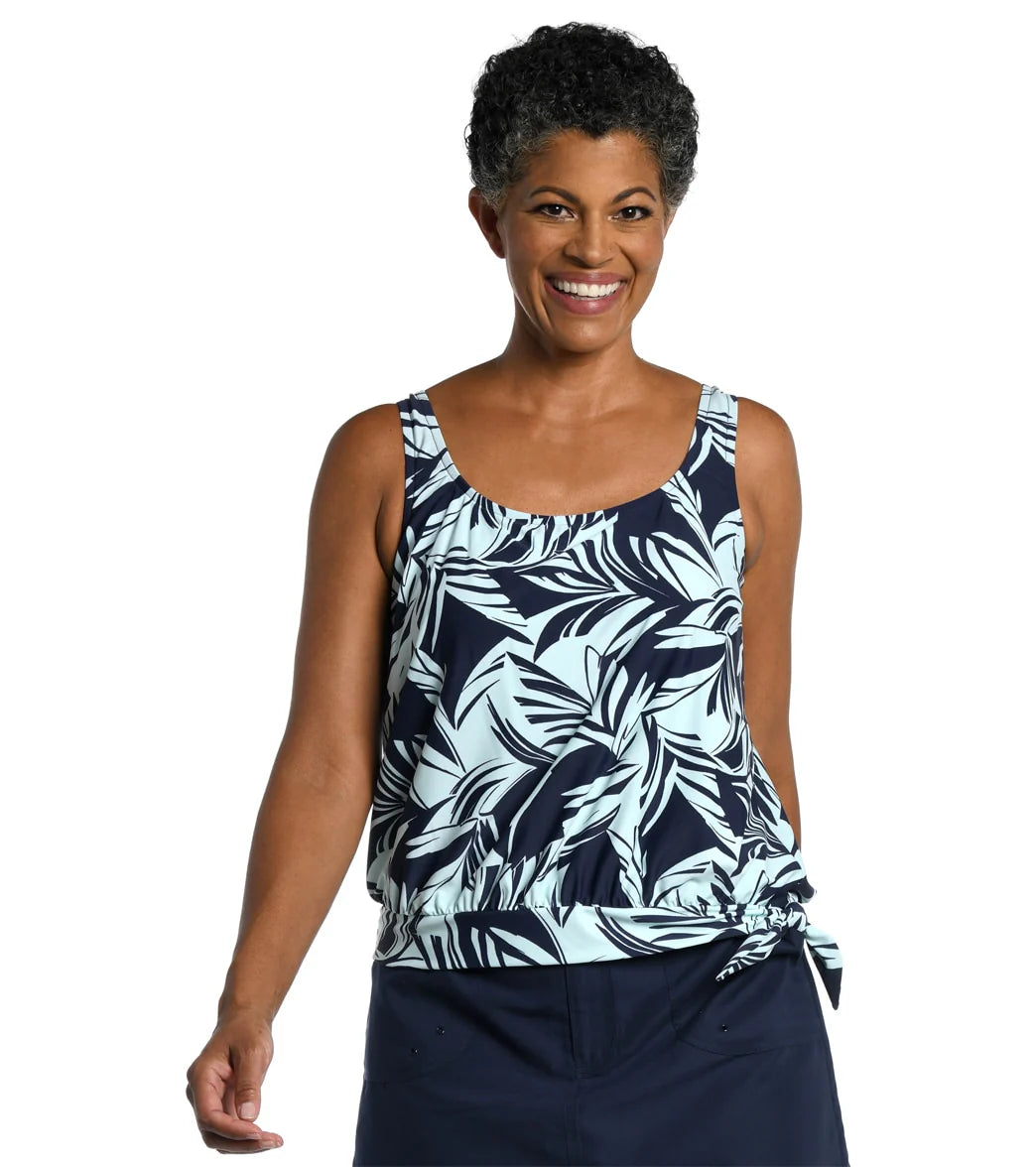 Maxine Women's Coastal Palm Banded Scoop Blouson Tankini Top