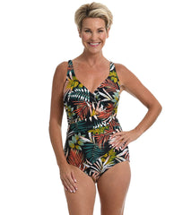Maxine Women's Palms And Fronds Shirred Surplice One Piece Swimsuit