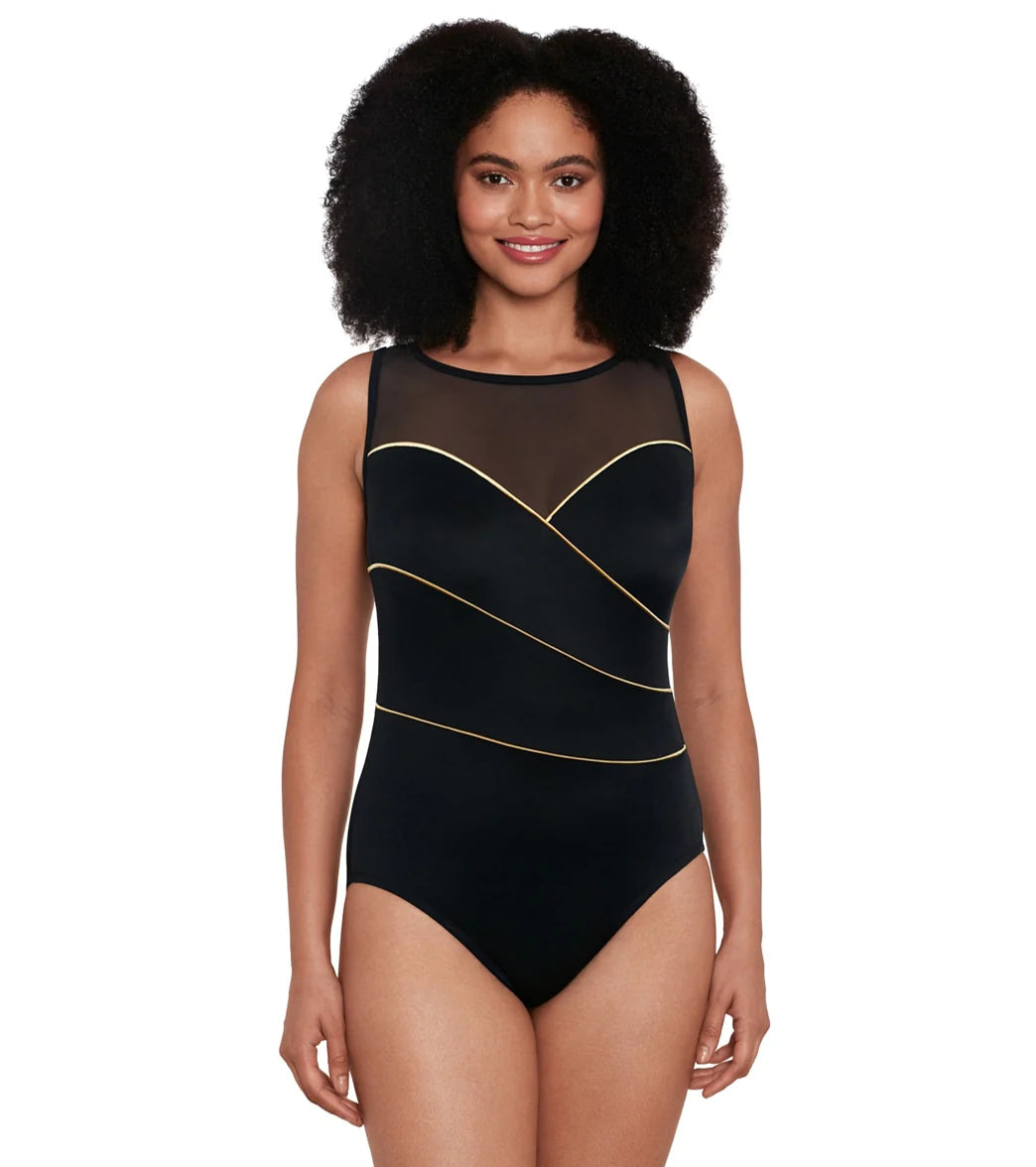 Longitude Women's Pipping The Wave Mesh High Neck Long Torso One Piece Swimsuit
