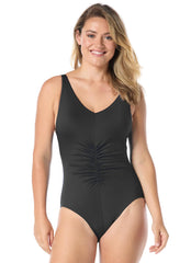 Gabar Women's Chlorine Resistant Solids V Neck One Piece Swimsuit