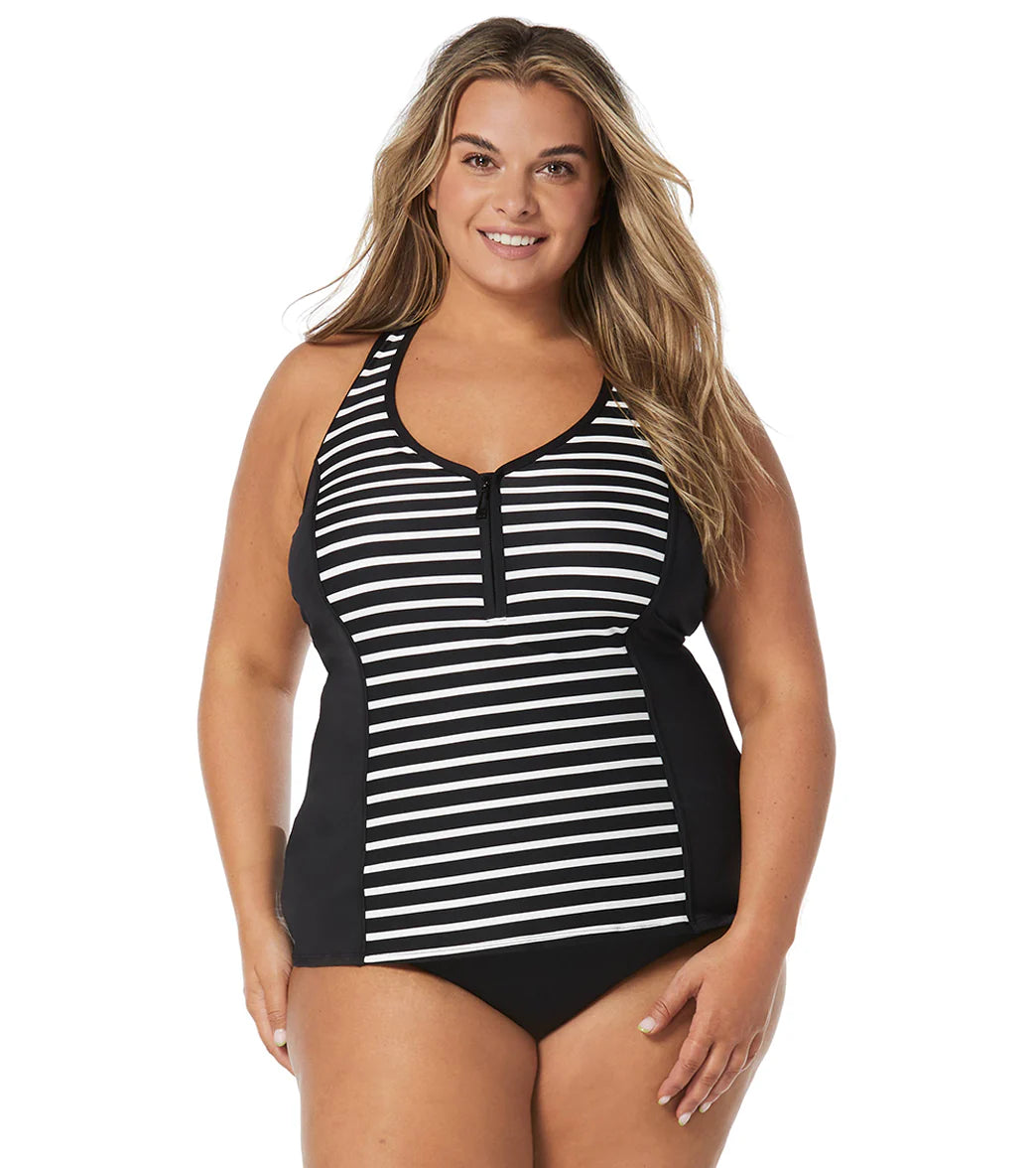 Beach House Women's Plus Size Estate Stripe Erinna Zip Front Tankini Top