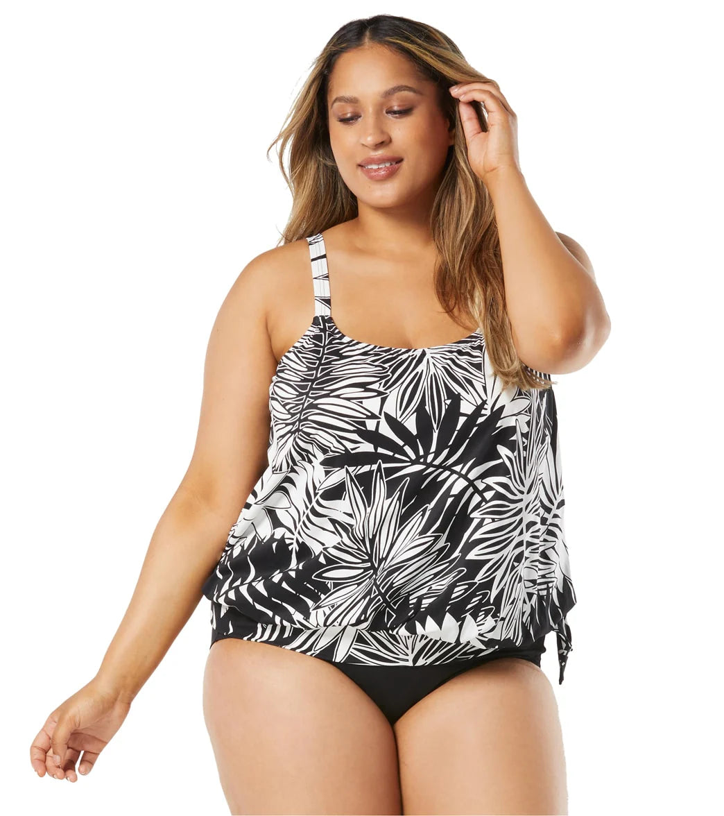 Beach House Women's Plus Size Abstract Palm Sarah Side Tie Blouson Tankini Top