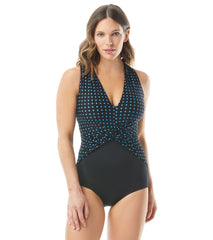 Gabar Woman's Chlorine Resistant Deep Water Dot Draped Twist V Neck One Piece Swimsuit