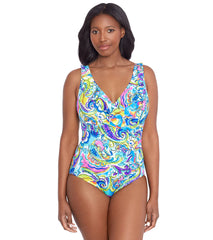 Longitude Women's Paisley Seas Ruffle Front Surplice One Piece Swimsuit