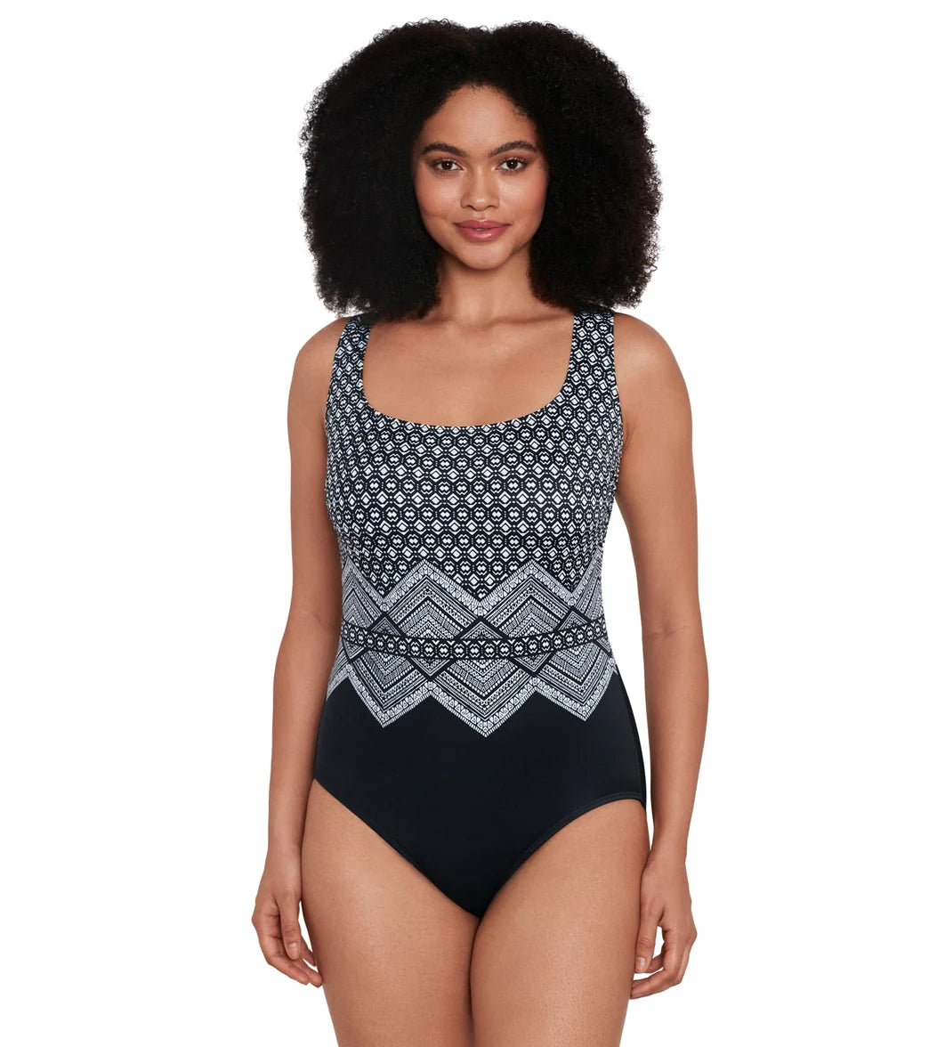 Longitude Women's Lace To The Top Triple Cross Back Tank Long Torso One Piece Swimsuit