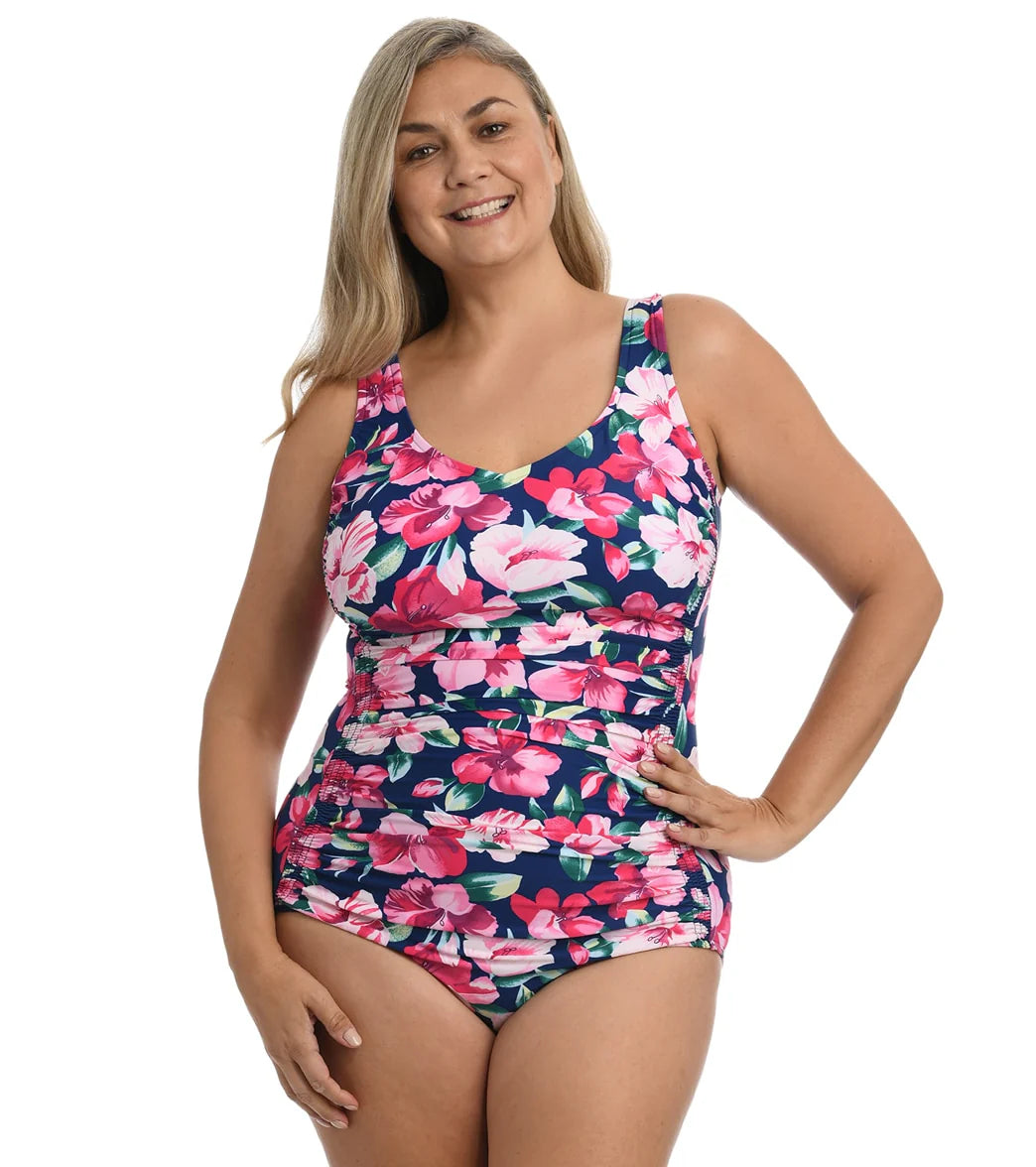 Maxine Women's Plus Size Hana Hibiscus Girl Leg One Piece Swimsuit