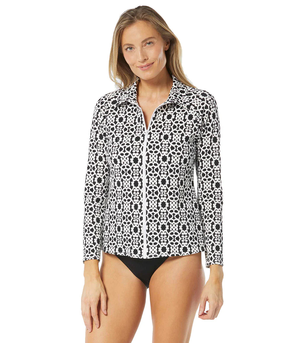 Beach House Women's Island Grid Pique Karen Long Sleeve Zip Front Rash Guard