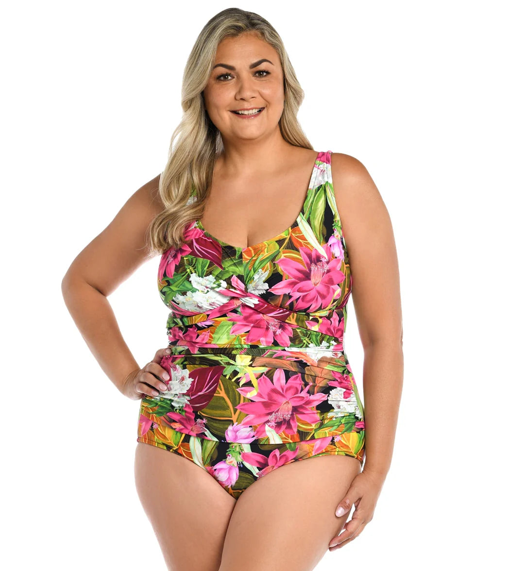 Maxine Women's Plus Size Exotic Jungle Twist Front One Piece Swimsuit