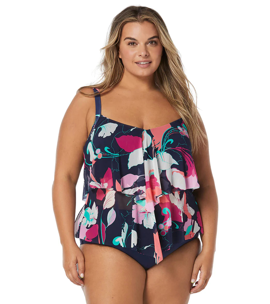 Beach House Women's Plus Size Avalon Floral Portia Mesh Layer Tankini Top