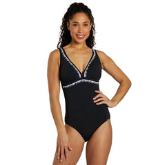 Sunmarin Women's Chlorine Proof V Neck Piped One Piece Swimsuit