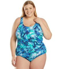 Sporti Plus Size HydroLast Aquarelle Palm Chlorine Resistant Moderate Scoop Back One Piece Swimsuit