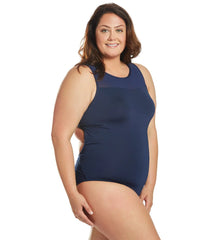 Dolfin Women's Plus Size Aquashape Solid Power Mesh Chlorine Resistant One Piece Swimsuit