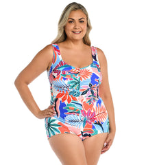 Maxine Women's Plus Size Tropical Abstraction Shirred Front Girl Leg One Piece Swimsuit