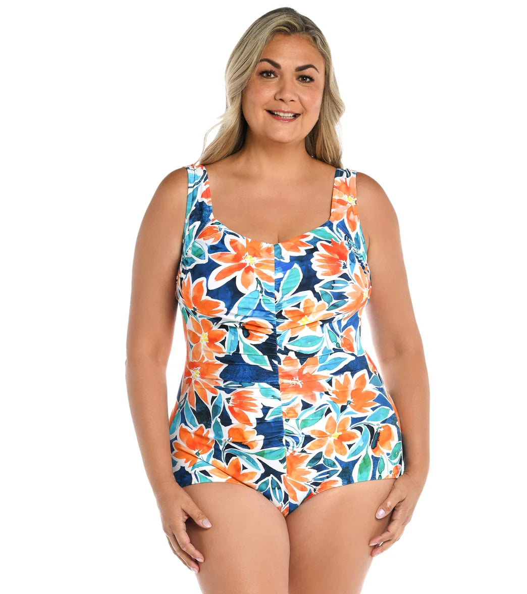 Maxine Women's Plus Size Joyful Blooms Shirred Front Girl Leg One Piece Swimsuit
