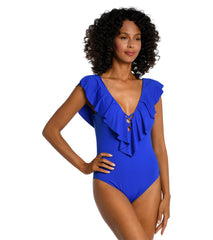 La Blanca Women's Island Goddess Ruffle Plunge One Piece Swimsuit