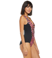 Dolfin Women's Aquashape Print V-neck Front Panel Chlorine Resistant One Piece Swimsuit