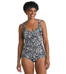 Maxine Women's Tahitian Tribe Floral Shirred Front Girl Leg One Piece Swimsuit