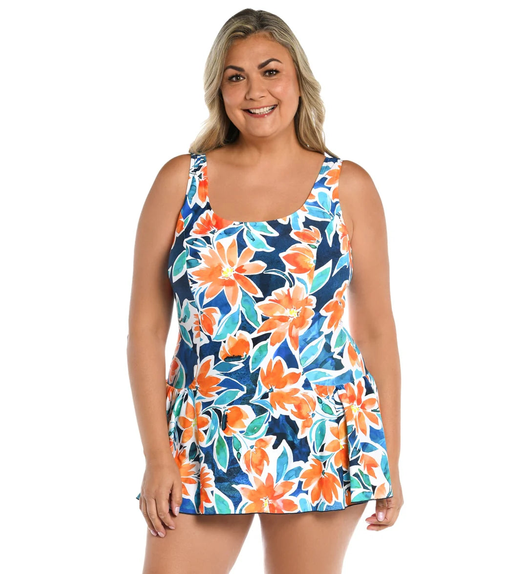 Maxine Women's Plus Size Joyful Blooms Princess Seam Swim Dress