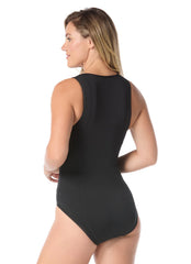 Gabar Women's Chlorine Resistant Rhythmic Frods High Neck Zip Front One Piece Swimsuit