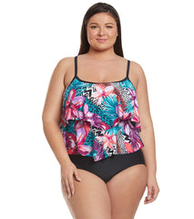 Maxine Plus Size Serengeti Stripe Double Tiered One Piece Swimsuit