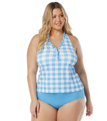 Beach House Women's Plus Size Summer Gingham Nina Racerback Ruffle Trim Tankini Top