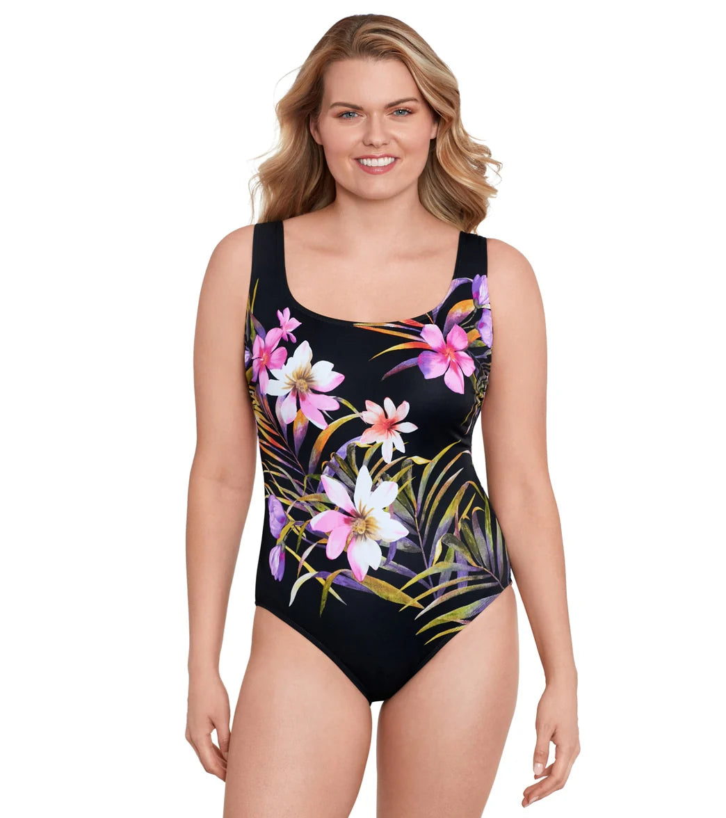 Longitude Women's Beach Corsage Panel Scoopneck Tank Long Torso One Piece Swimsuit