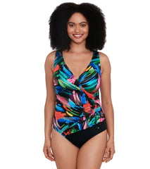 Longitude Women's Side Swipe Ruffle Surplice Long Torso One Piece Swimsuit