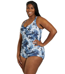 Sporti Plus Size Sanibel Island Conservative Printed Girl Leg One Piece Swimsuit