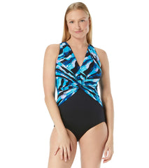 Gabar Women's Chlorine Resistant Tide Pool Draped Twist V Neck One Piece Swimsuit