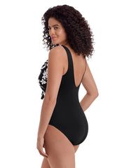 Longitude Women's Long Torso Vineyard Vacay Ruffle Front Sash One Piece Swimsuit