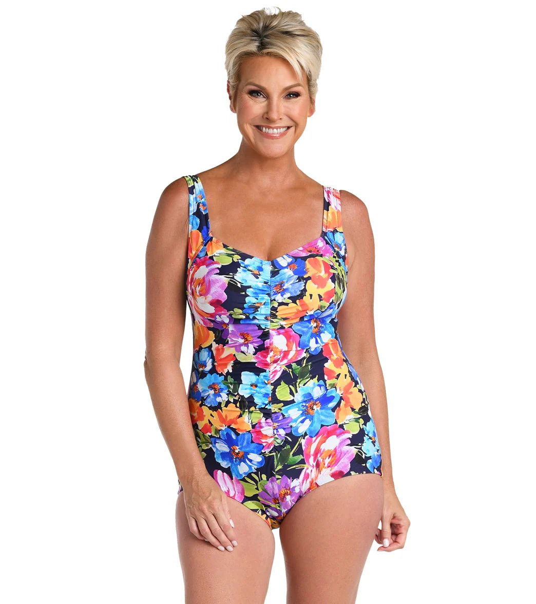 Maxine Women's Botanic Garden Shirred Front Girl Leg One Piece Swimsuit