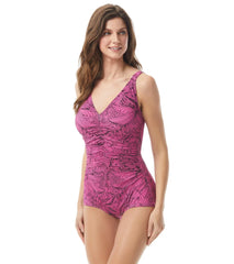 Gabar Women's Chlorine Resistant Leafy Lines Underwire V Neck Girl Leg One Piece Swimsuit