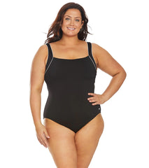 TYR Women's Plus Size Solid Square Neck Controlfit Chlorine Resistant One Piece Swimsuit Black