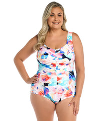 Maxine Women's Plus Size Illusions Blossom Shirred Front Girl Leg One Piece Swimsuit